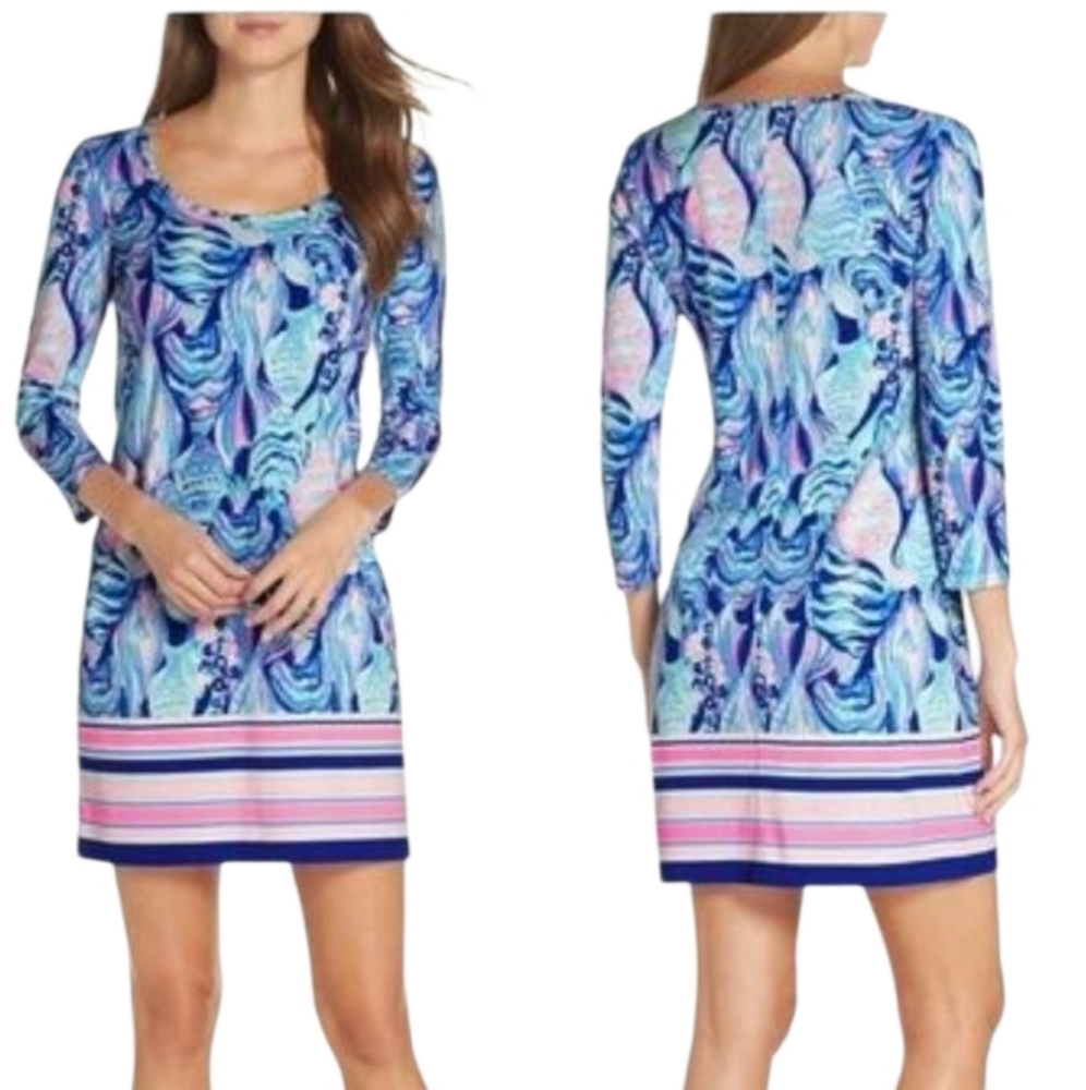 Lilly Pulitzer Blue Pink Abstract Print 3/4 Sleeve Shift Dress Stripe Hem
